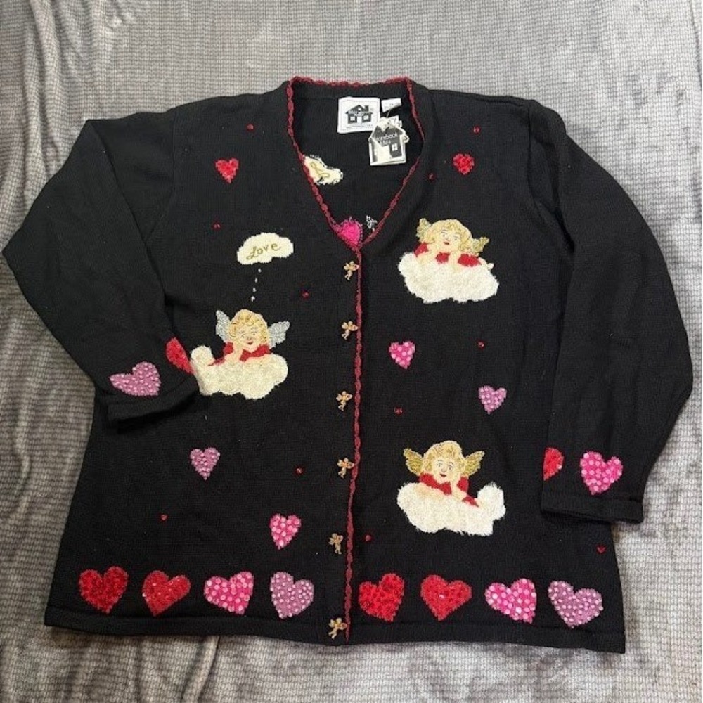 Storybook‎ Knits Cherub Heart Cardigan Sweater 2X Black Valentine Sequin Buttons